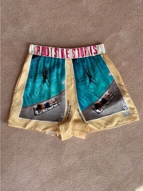 Maje Satin Shorts in Light Blue with Pink Logo Detail